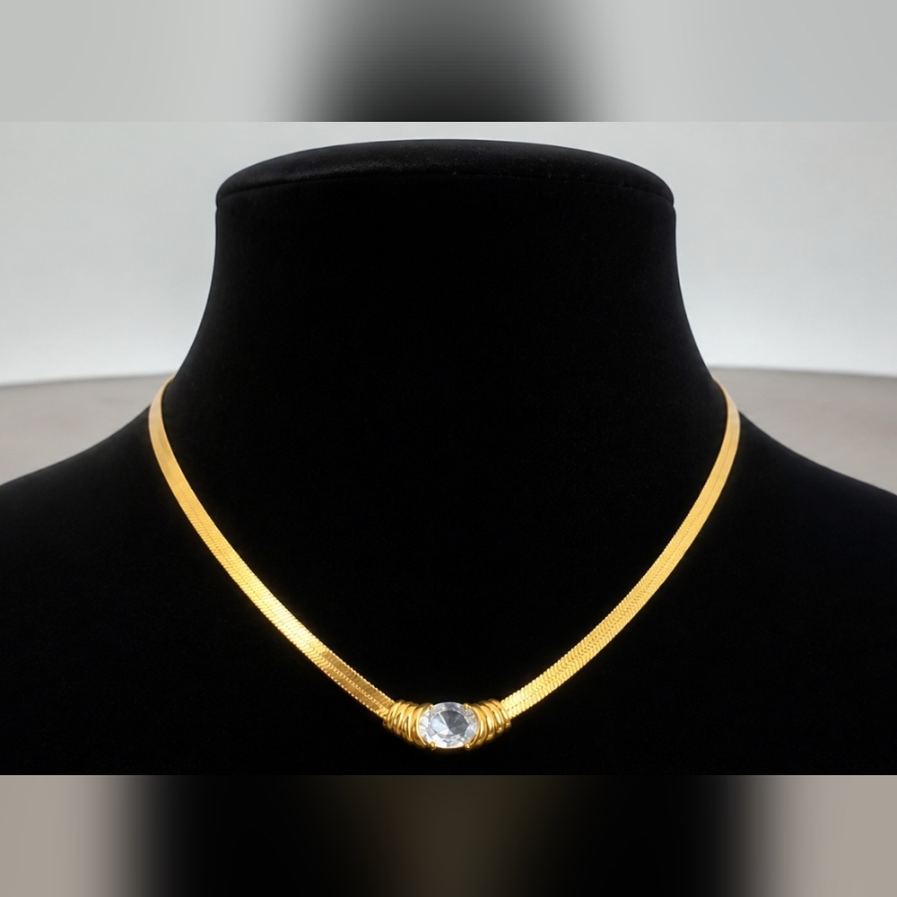 Stainless Steel Tarnish Free Gold-Tone Women’s Necklace with Clear Center Stone